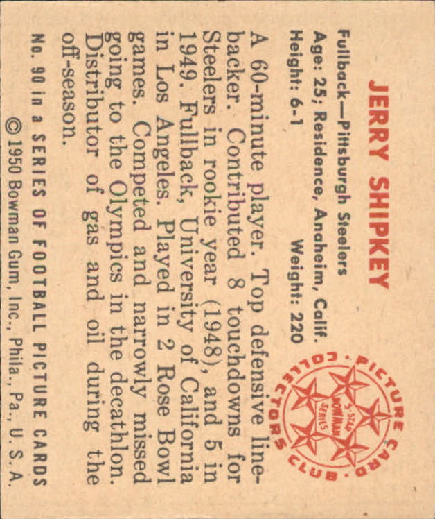 1950 Bowman #90 Jerry Shipkey RC back image