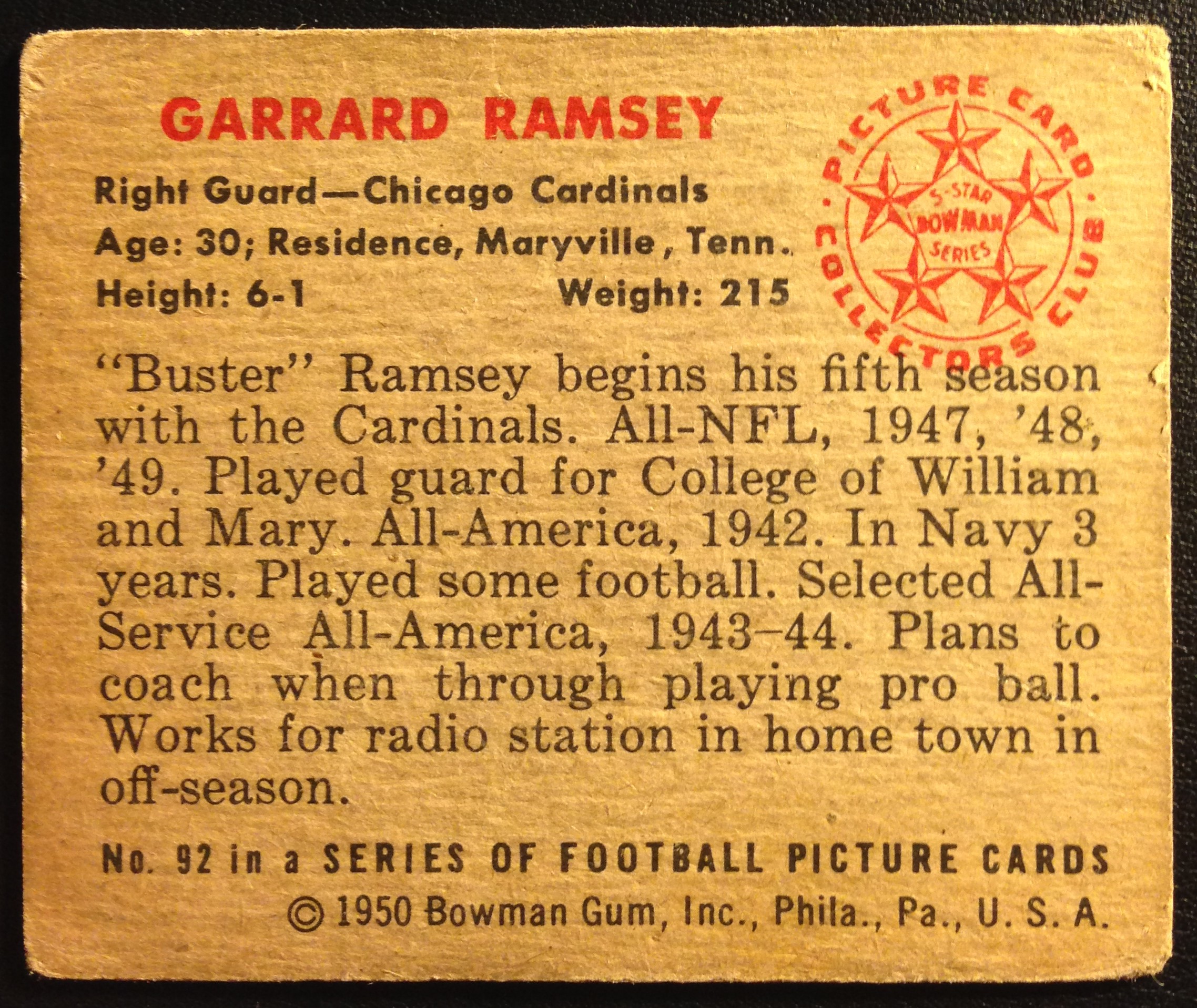 1950 Bowman #92 Buster Ramsey RC back image