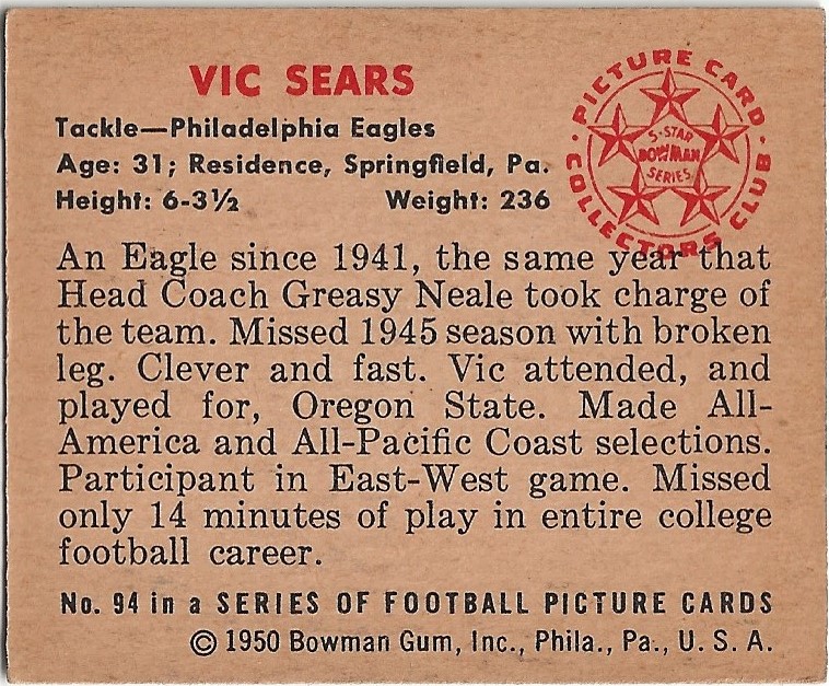 1950 Bowman #94 Vic Sears RC back image