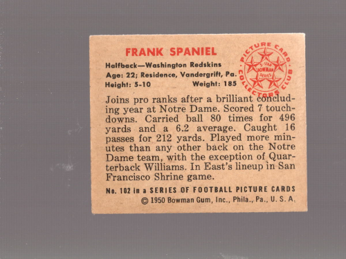 1950 Bowman #102 Frank Spaniel RC back image