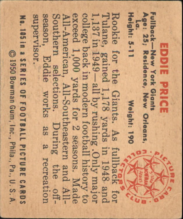 1950 Bowman #105 Eddie Price RC back image