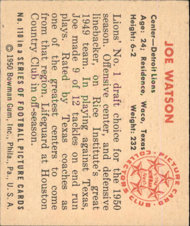 1950 Bowman #110 Joe Watson RC back image