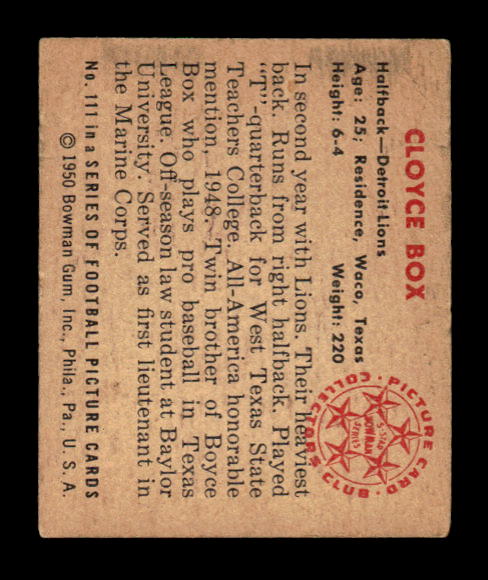 1950 Bowman #111 Cloyce Box RC back image