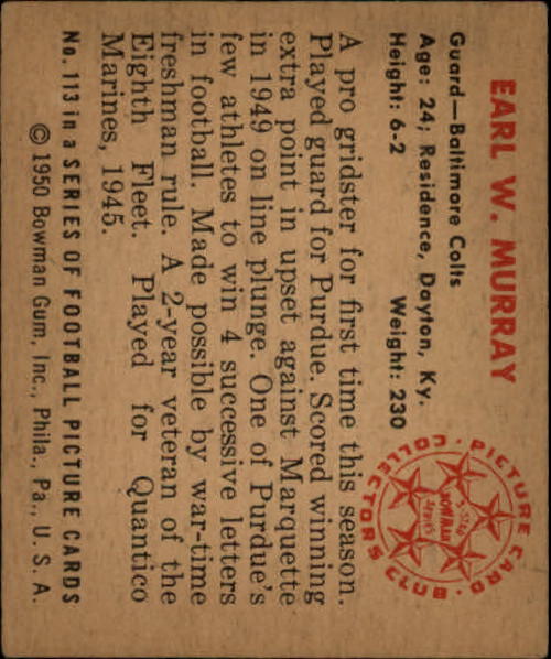 1950 Bowman #113 Earl Murray RC back image