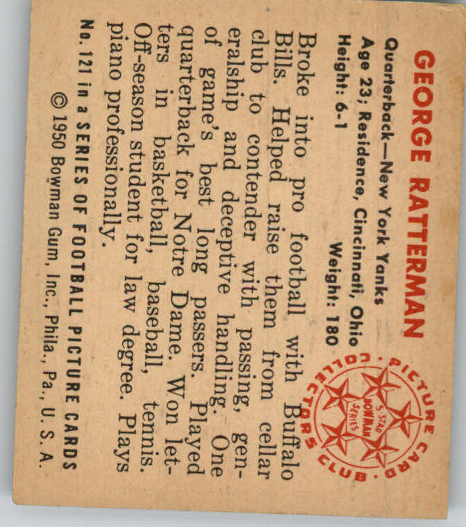 1950 Bowman #121 George Ratterman RC back image