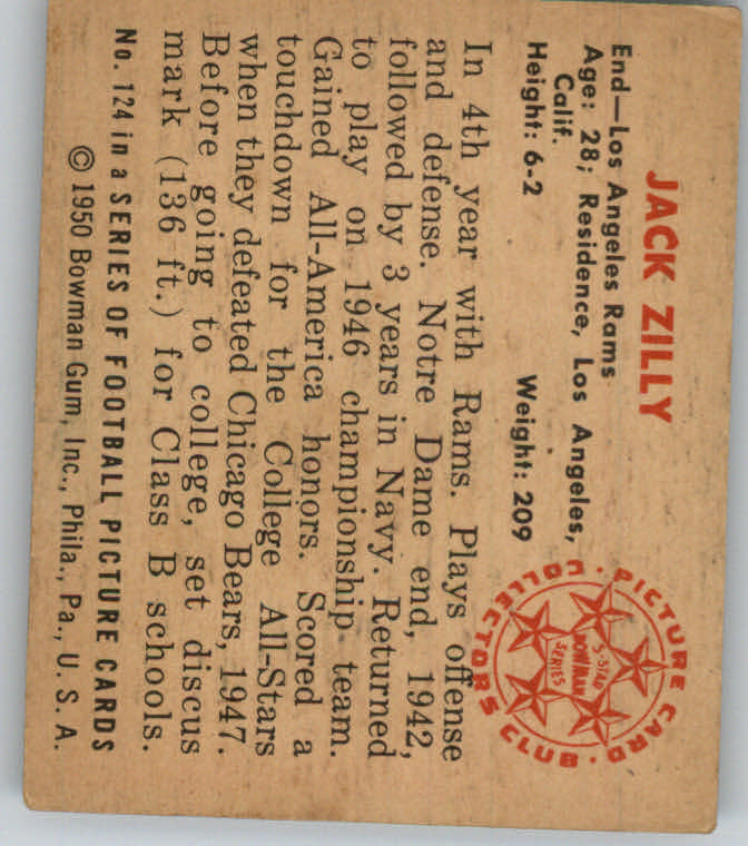 1950 Bowman #124 Jack Zilly RC back image