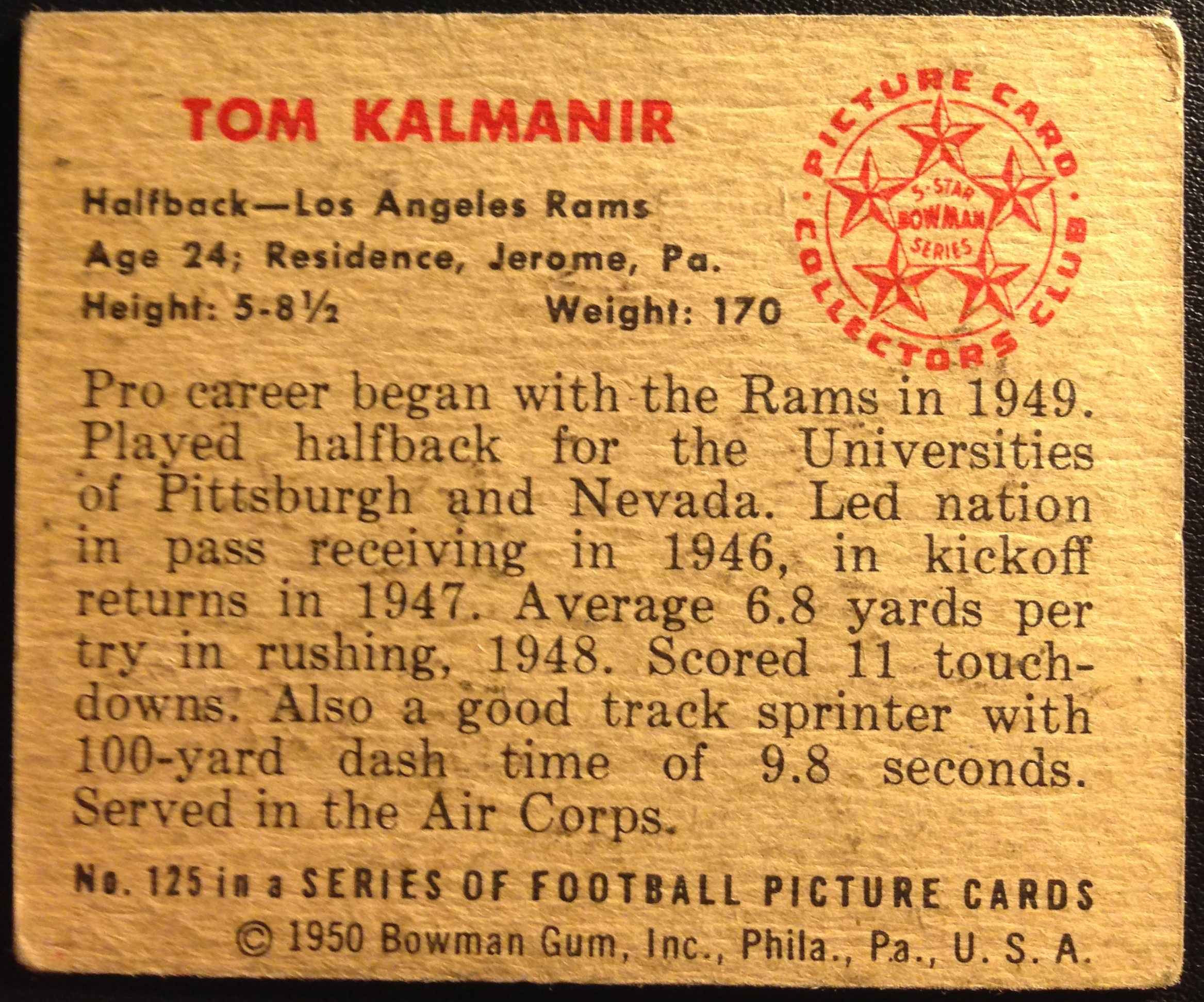 1950 Bowman #125 Tom Kalmanir RC back image