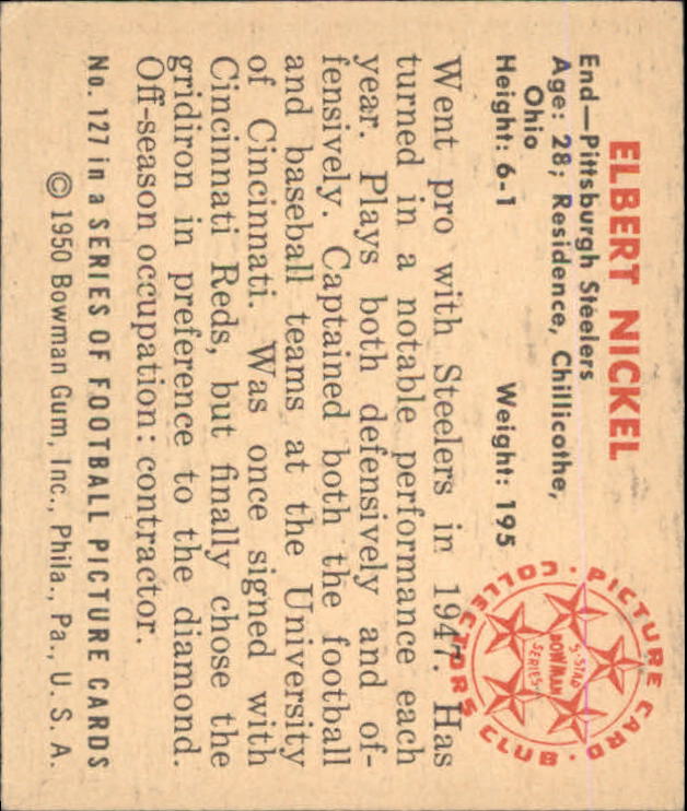 1950 Bowman #127 Elbert Nickel back image