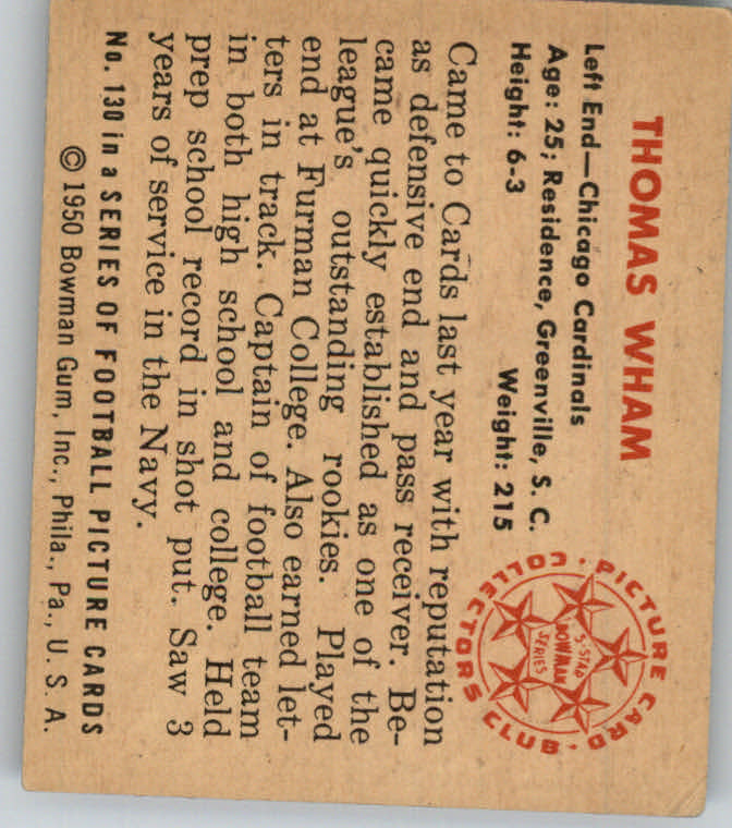 1950 Bowman #130 Tom Wham RC back image
