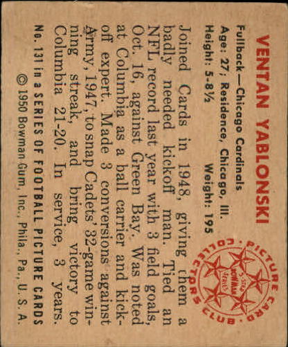 1950 Bowman #131 Ventan Yablonski RC back image