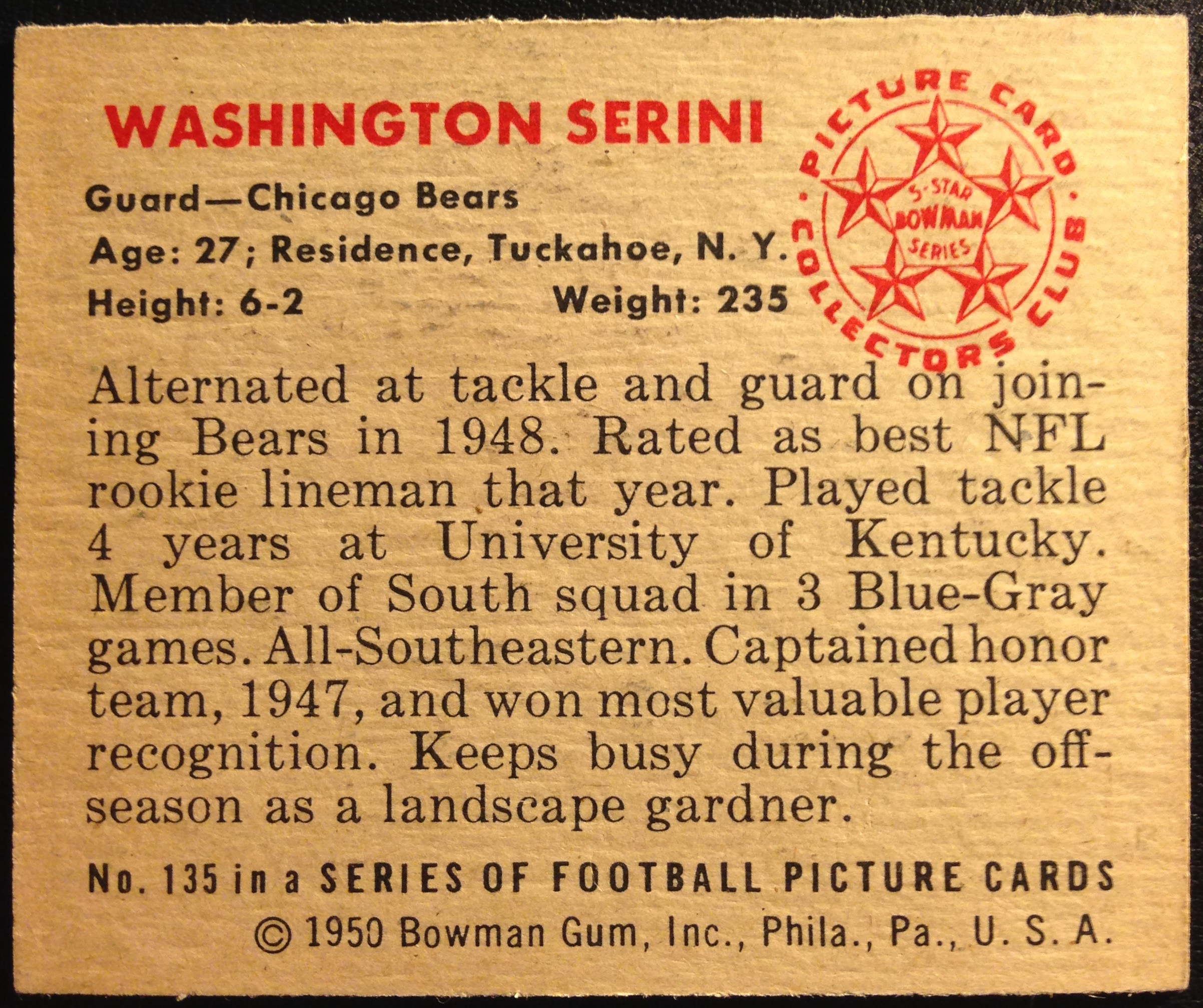 1950 Bowman #135 Washington Serini RC back image