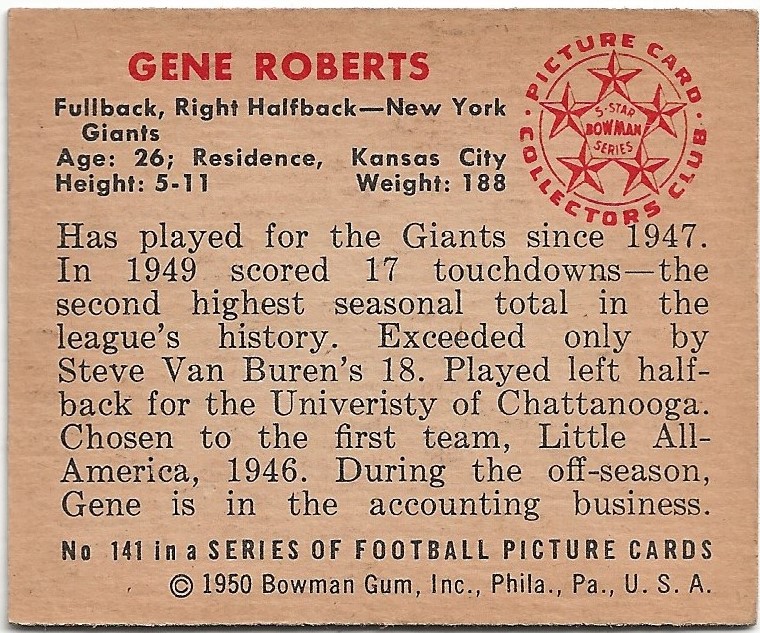 1950 Bowman #141 Gene Roberts RC back image