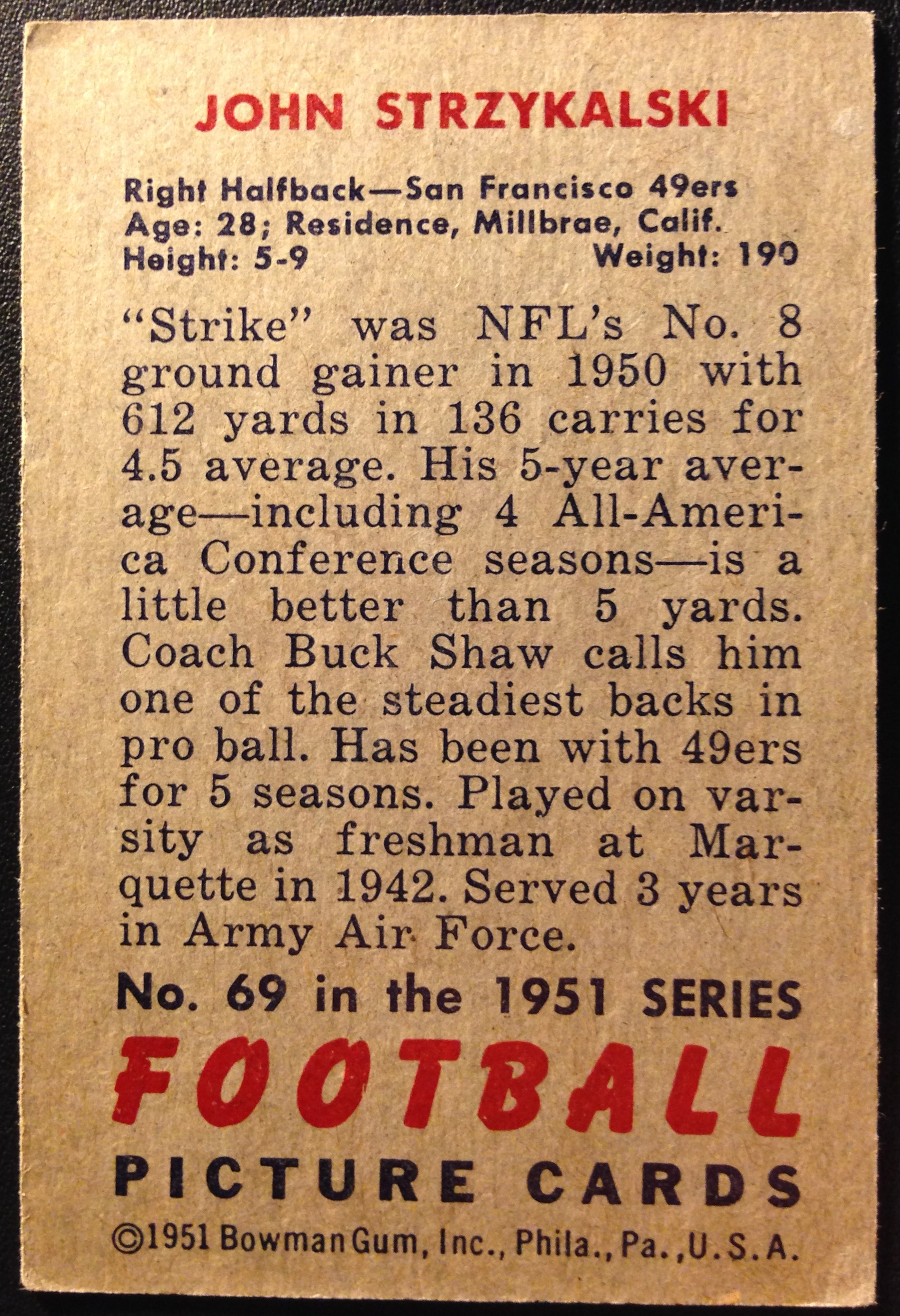 1951 Bowman #69 John Strzykalski RC back image