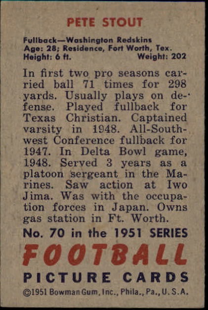 1951 Bowman #70 Pete Stout RC back image