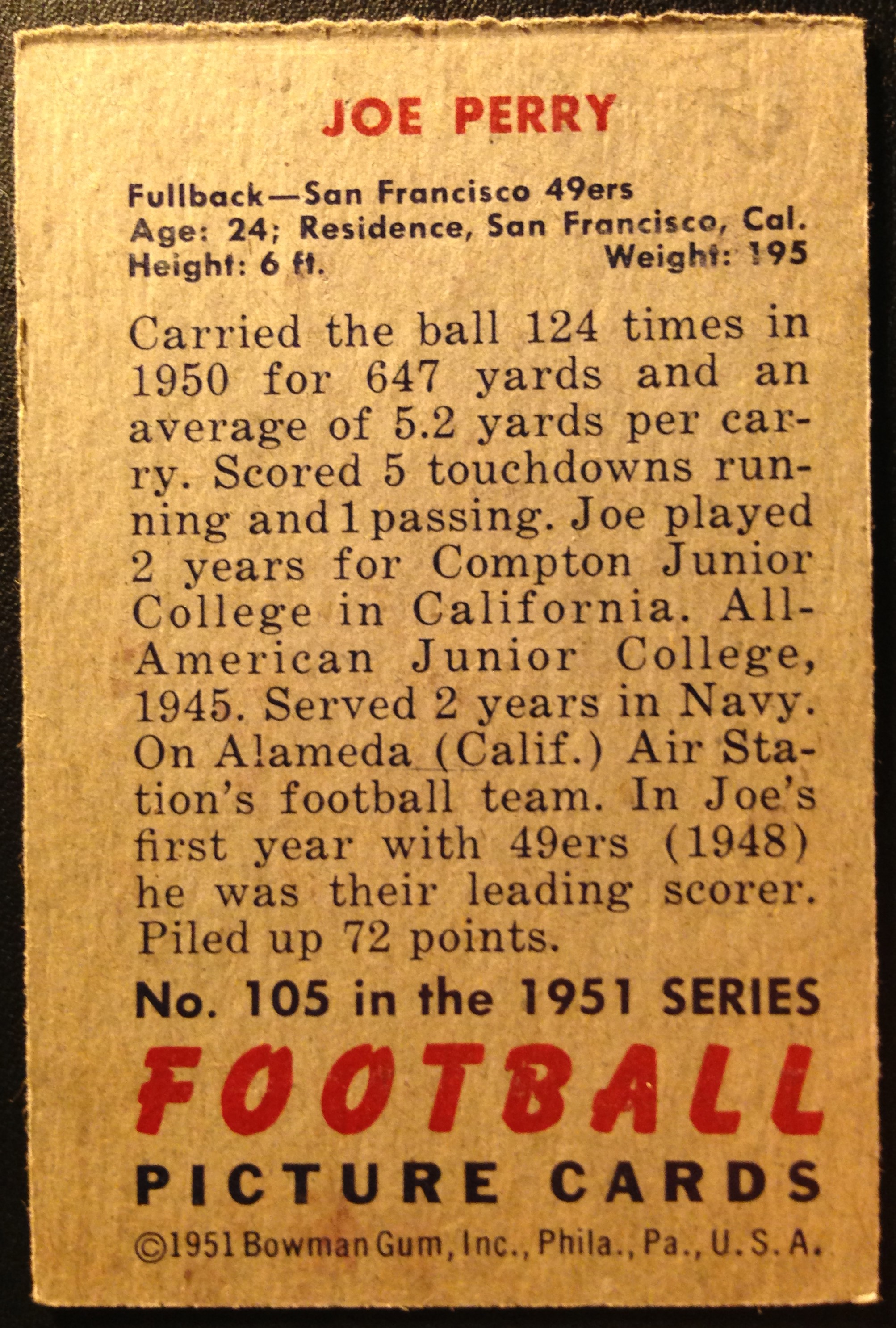 1951 Bowman #105 Joe Perry back image