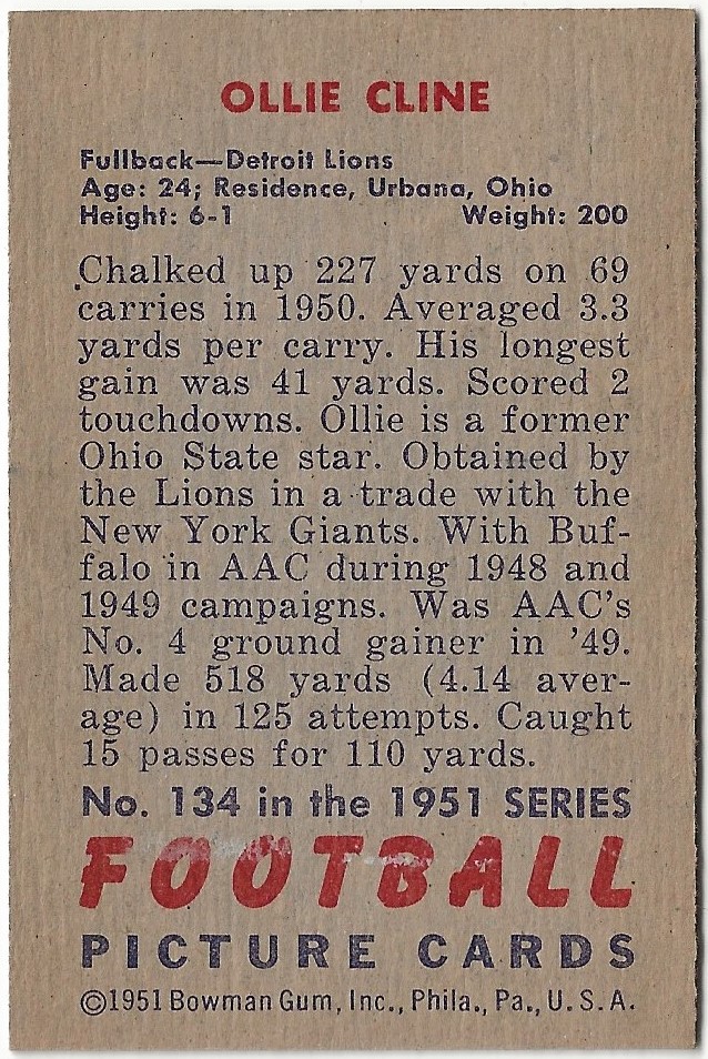 1951 Bowman #134 Ollie Cline RC back image