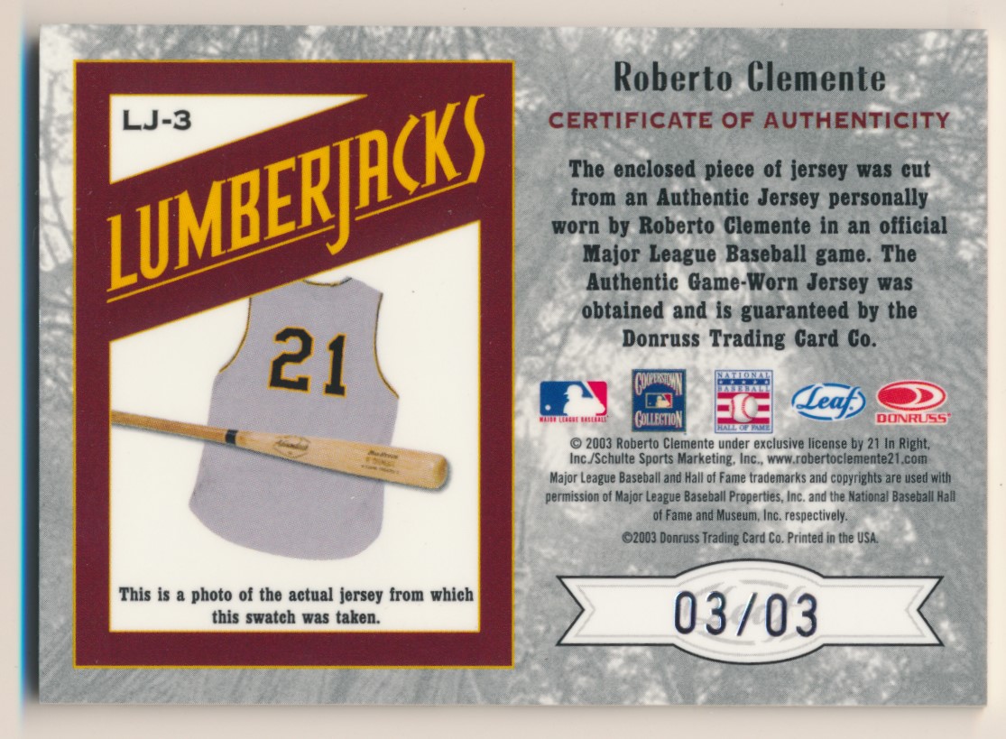 2003 Leaf Limited Lumberjacks Jersey Silver #3 Roberto Clemente 3/3 Pirates E10297 back image