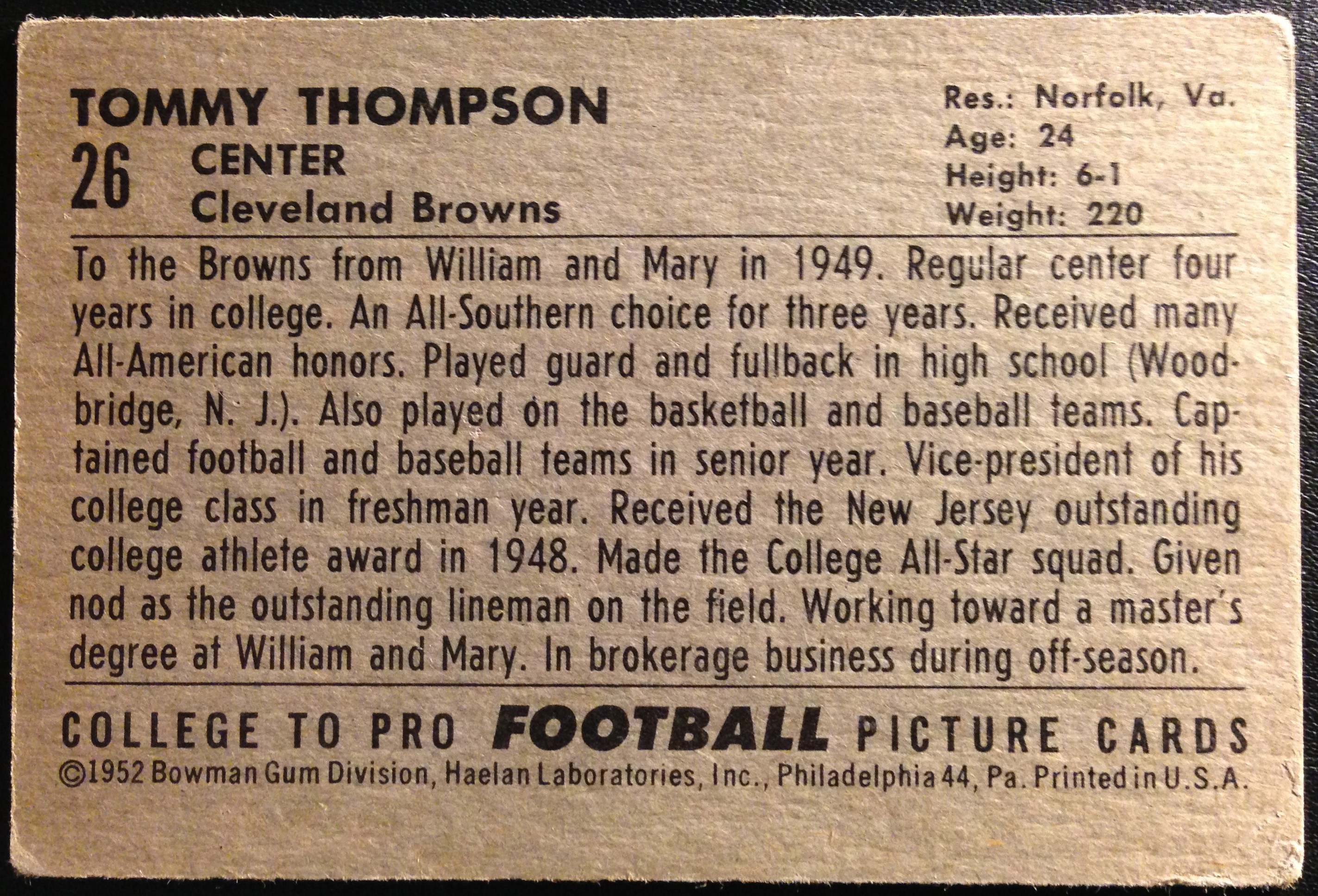 1952 Bowman Large #26 Tommy Thompson LB RC back image