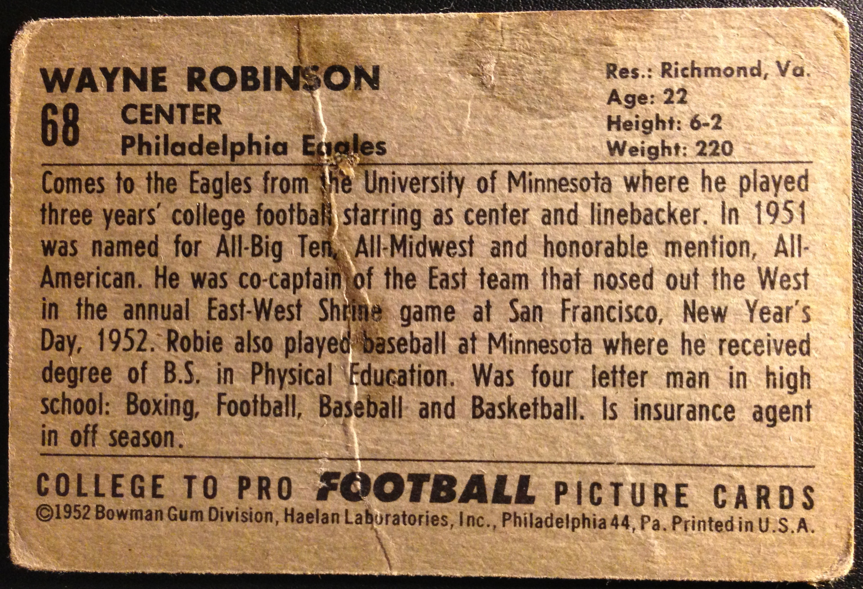 1952 Bowman Large #68 Wayne Robinson RC back image