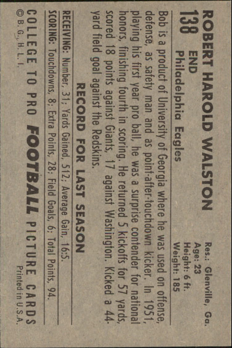 1952 Bowman Large #138 Bobby Walston RC back image
