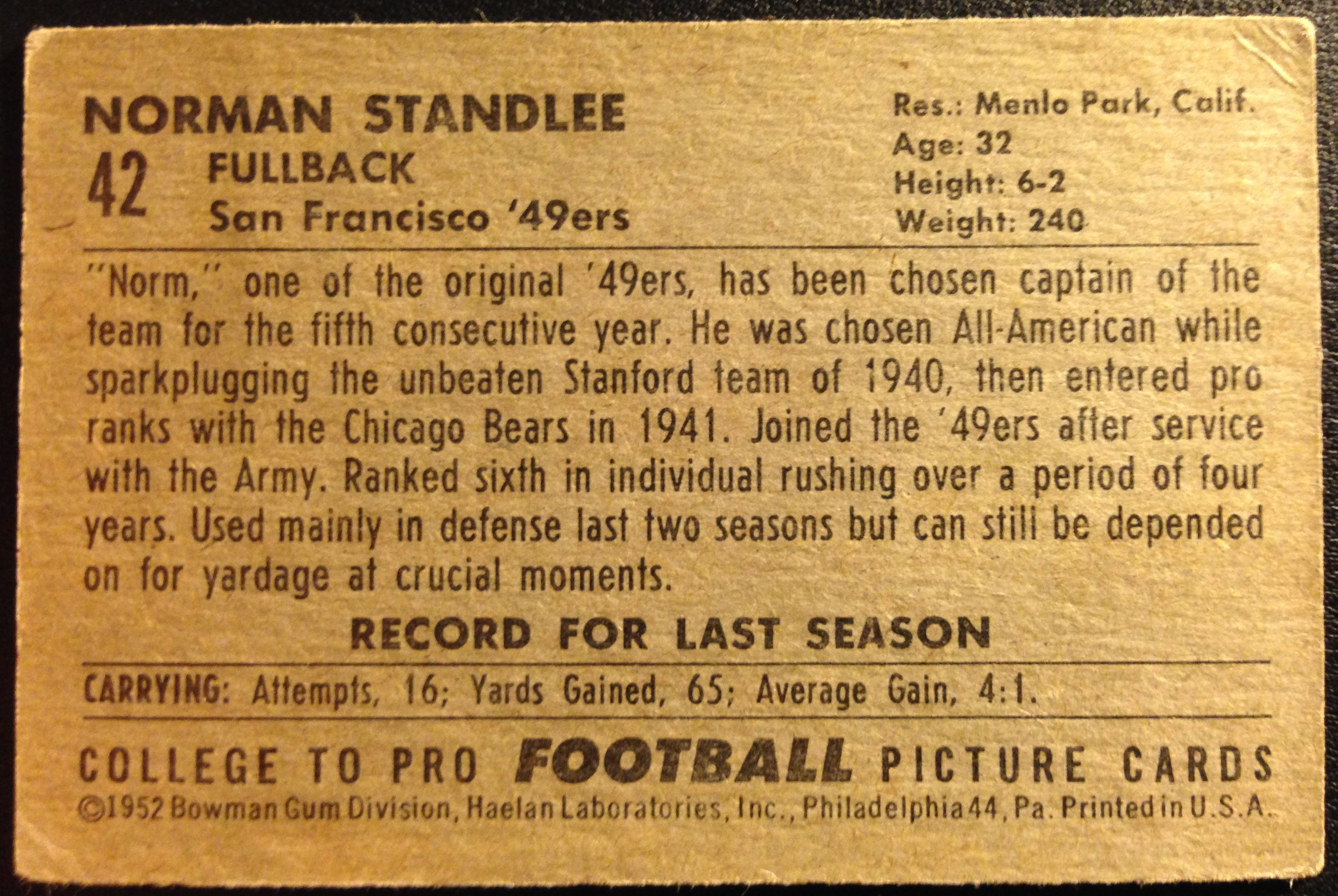 1952 Bowman Small #42 Norm Standlee back image