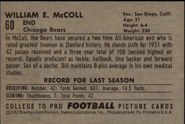 1952 Bowman Small #60 Bill McColl RC back image