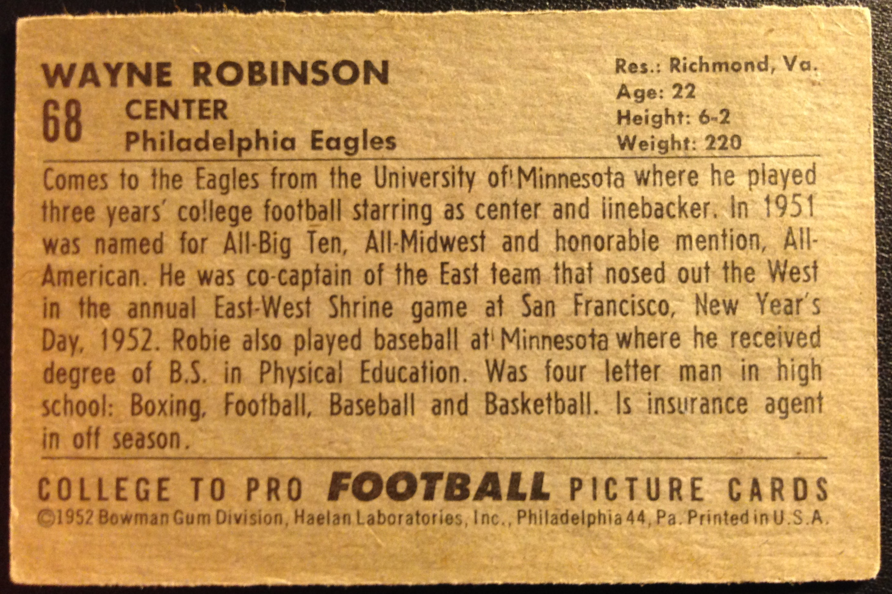 1952 Bowman Small #68 Wayne Robinson RC back image