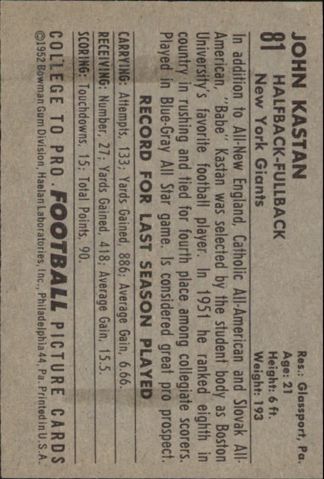 1952 Bowman Small #81 John Kastan RC back image
