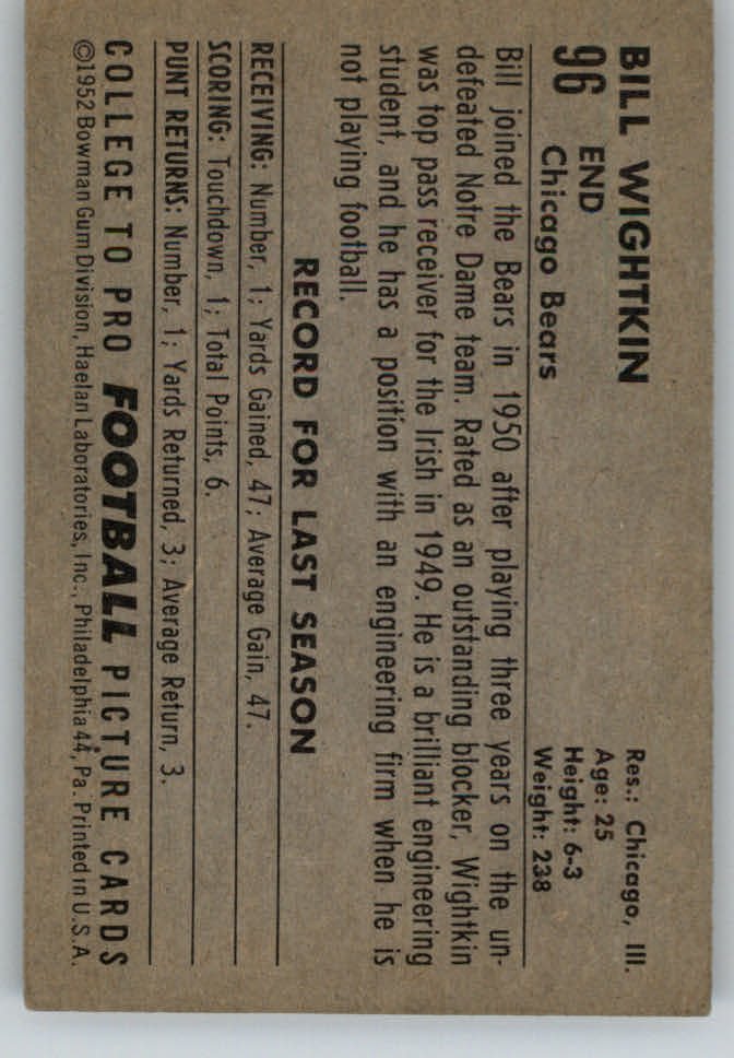 1952 Bowman Small #96 Bill Wightkin back image