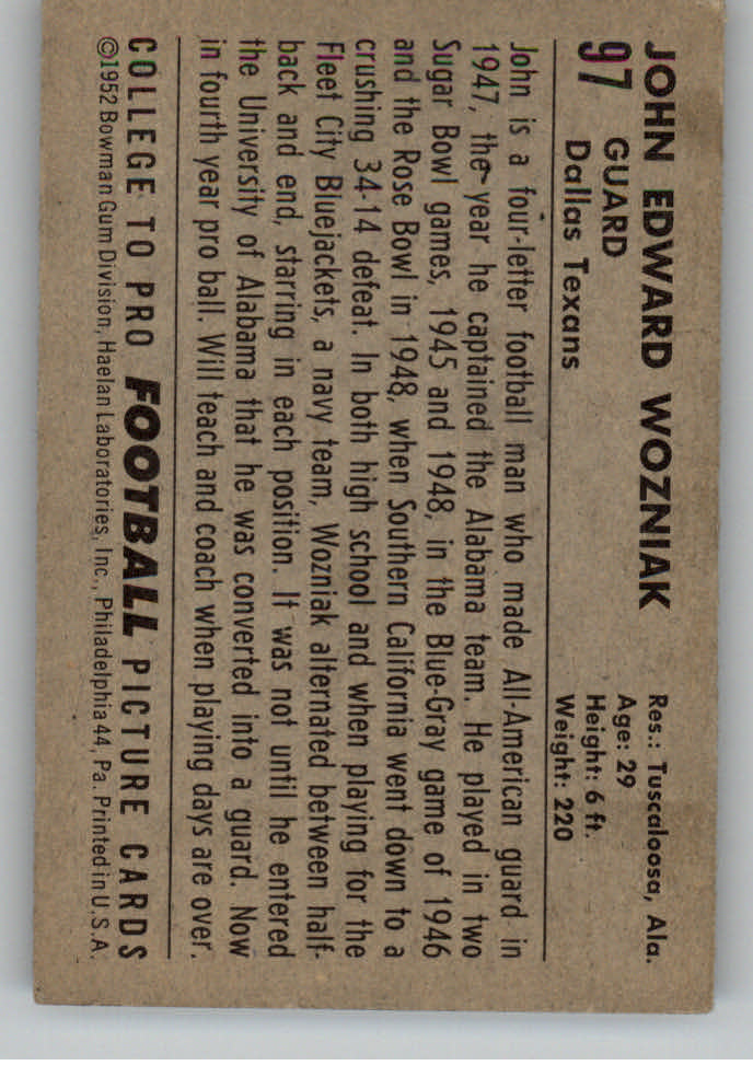 1952 Bowman Small #97 John Wozniak back image