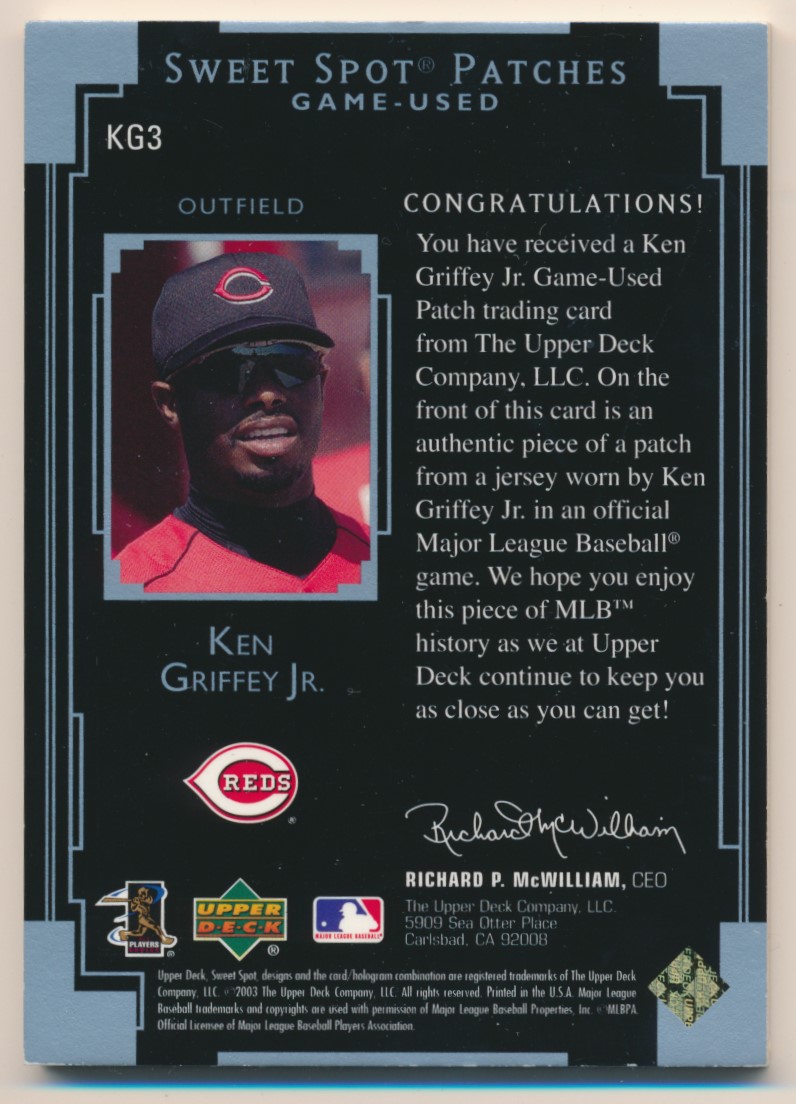 2003 Sweet Spot Patches Game Used 25 #KG3  Ken Griffey Jr.  REDS E10378 back image