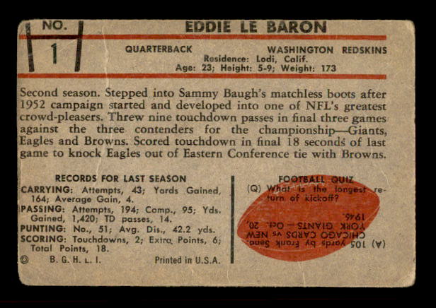1953 Bowman #1 Eddie LeBaron RC back image