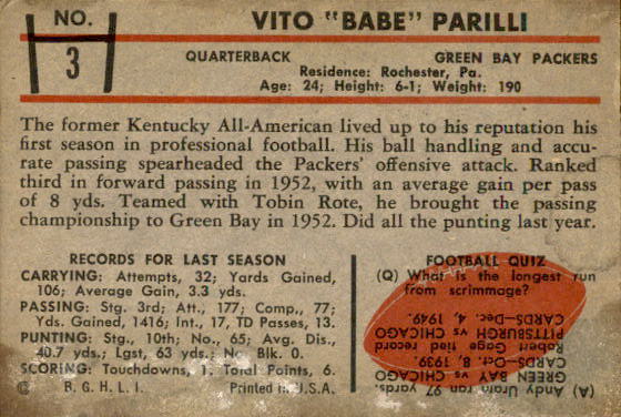 1953 Bowman #3 Babe Parilli back image