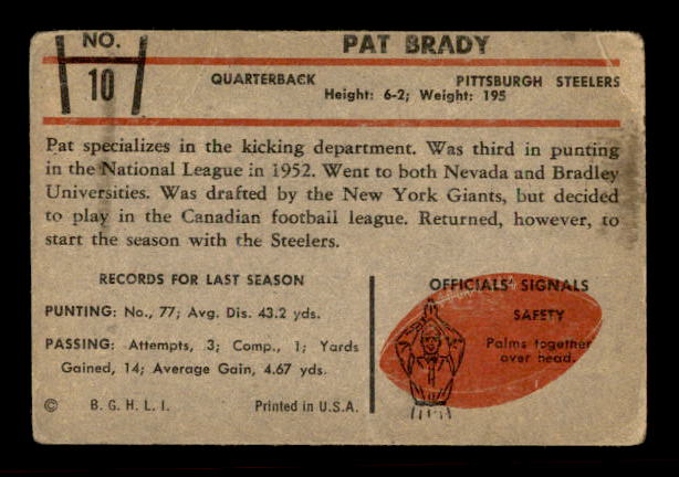1953 Bowman #10 Pat Brady RC back image