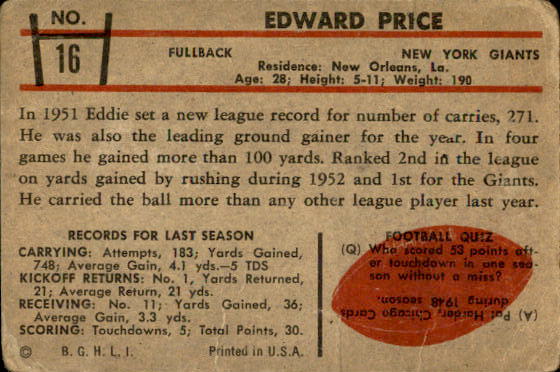 1953 Bowman #16 Eddie Price back image
