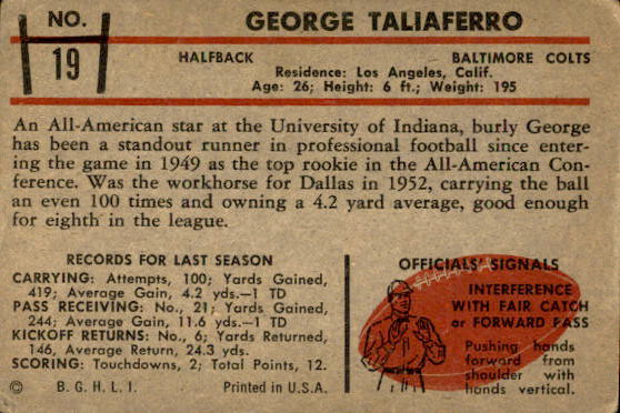 1953 Bowman #19 George Taliaferro back image