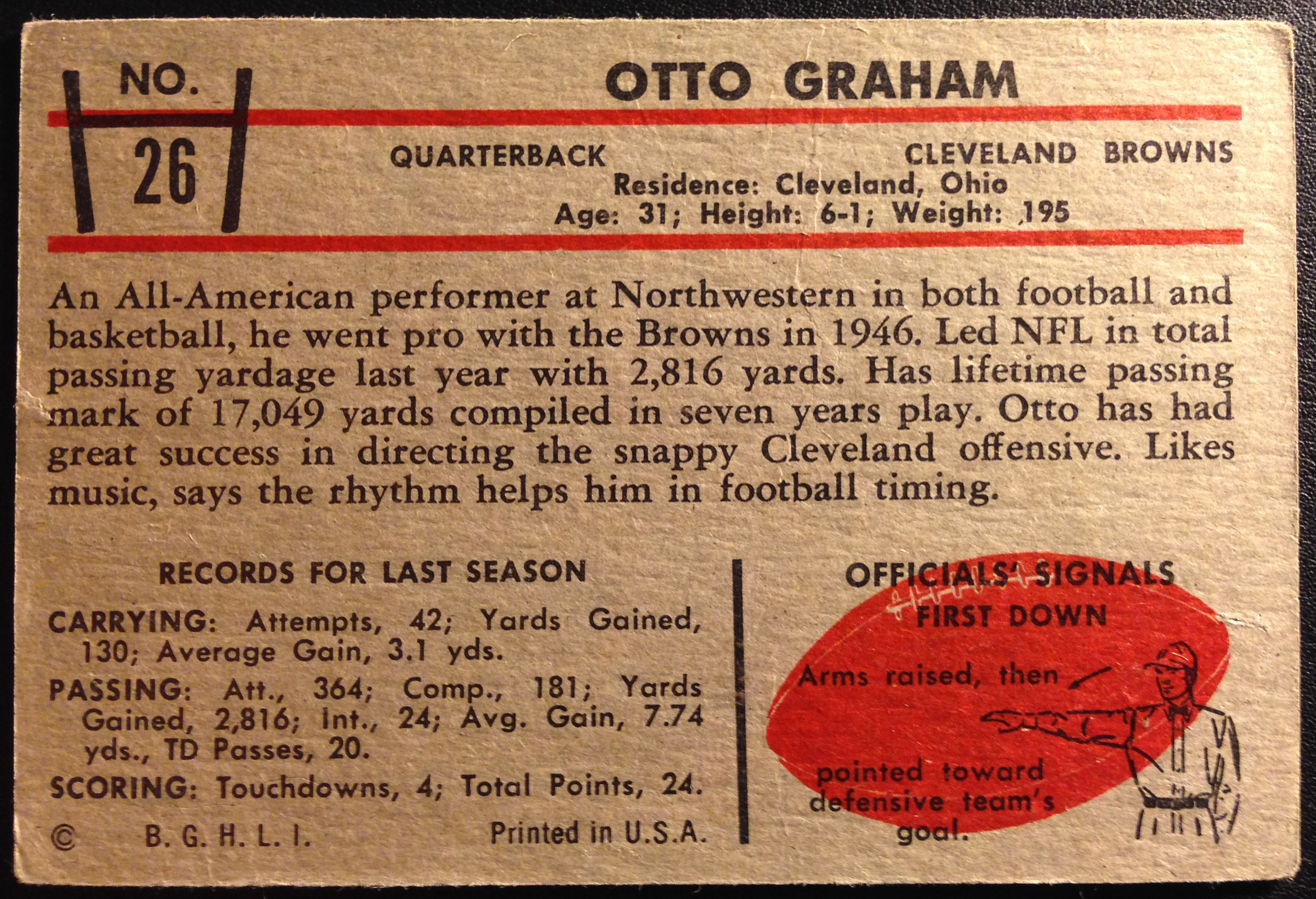 1953 Bowman #26 Otto Graham back image