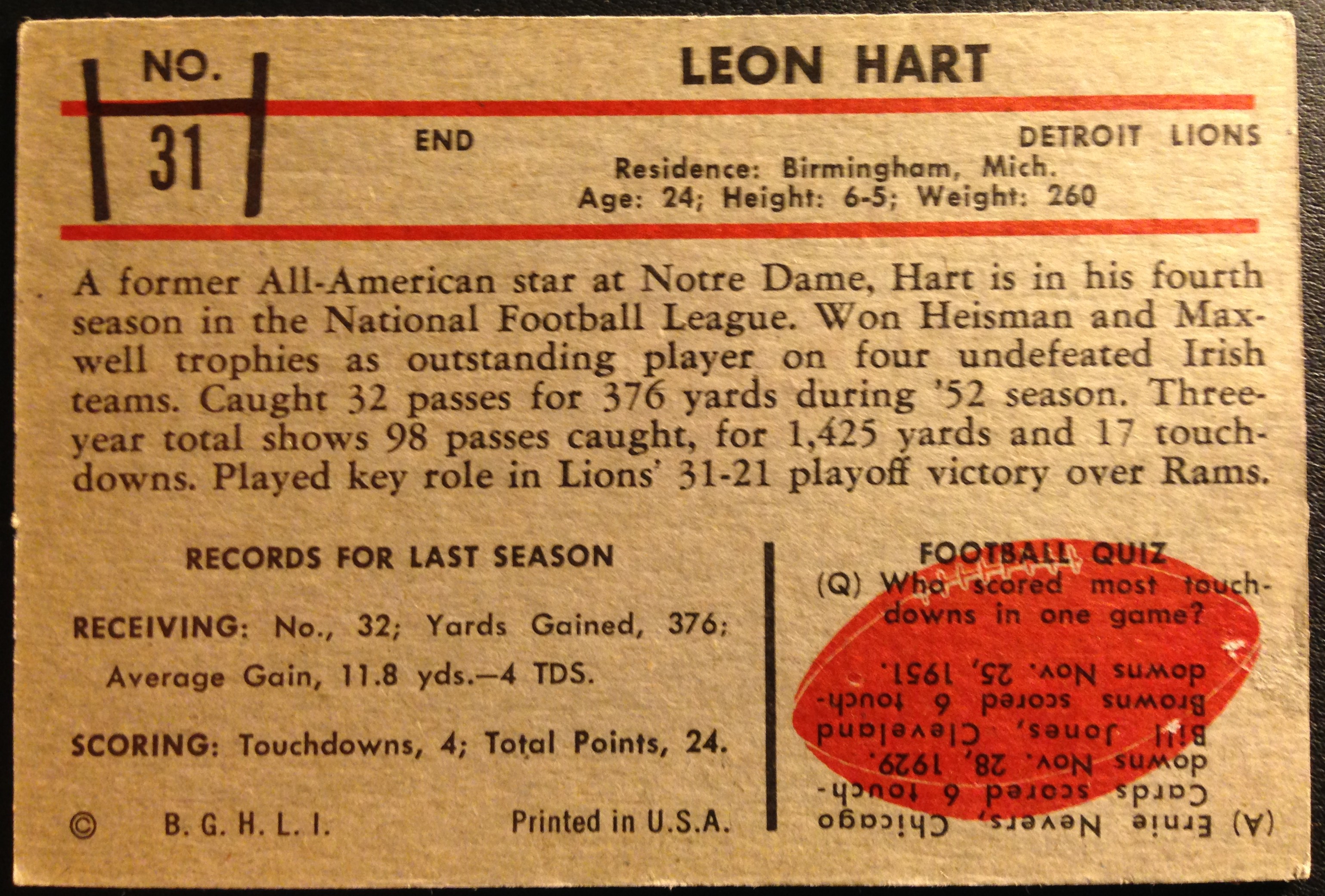 1953 Bowman #31 Leon Hart back image