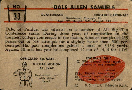 1953 Bowman #33 Dale Samuels back image