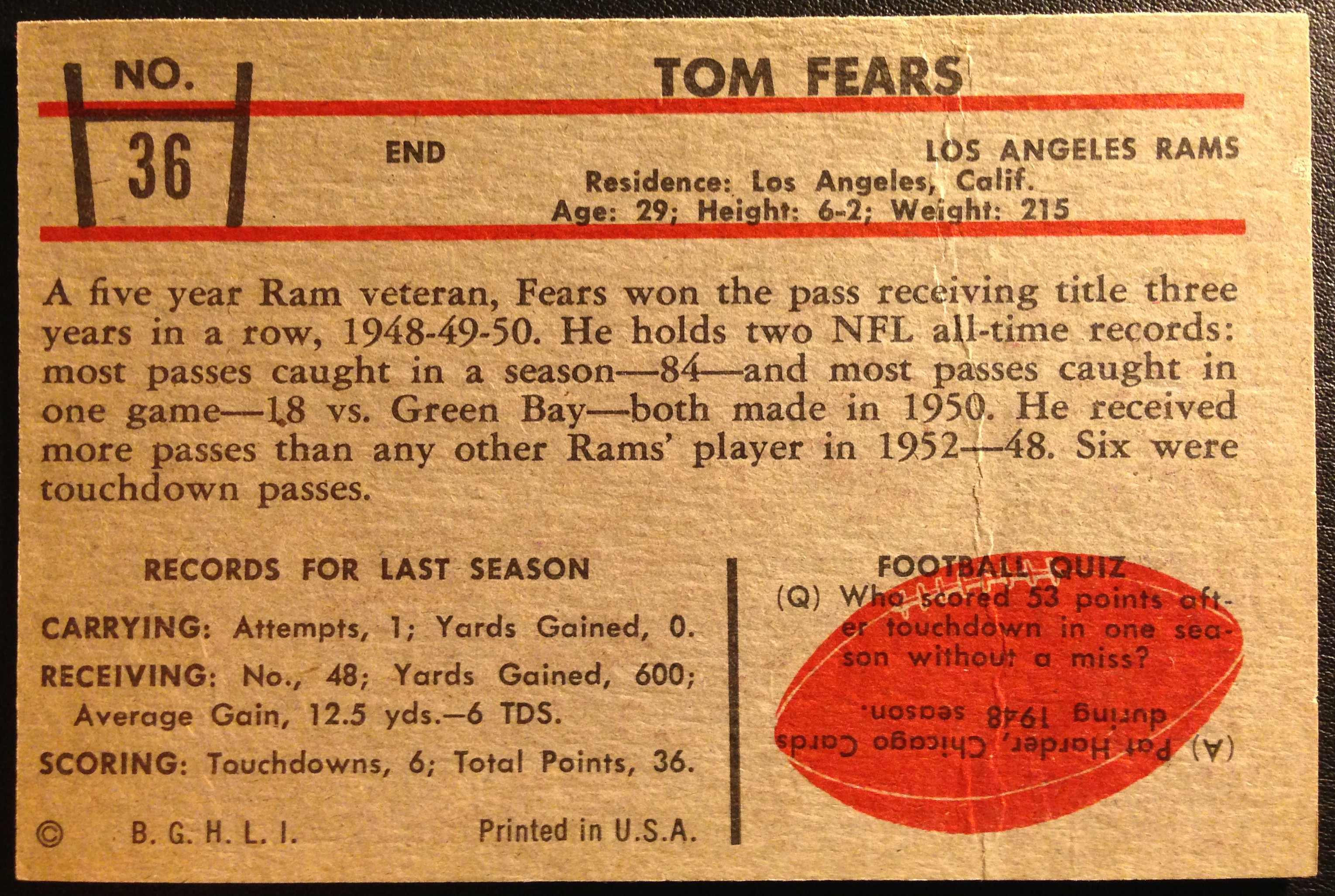 1953 Bowman #36 Tom Fears back image