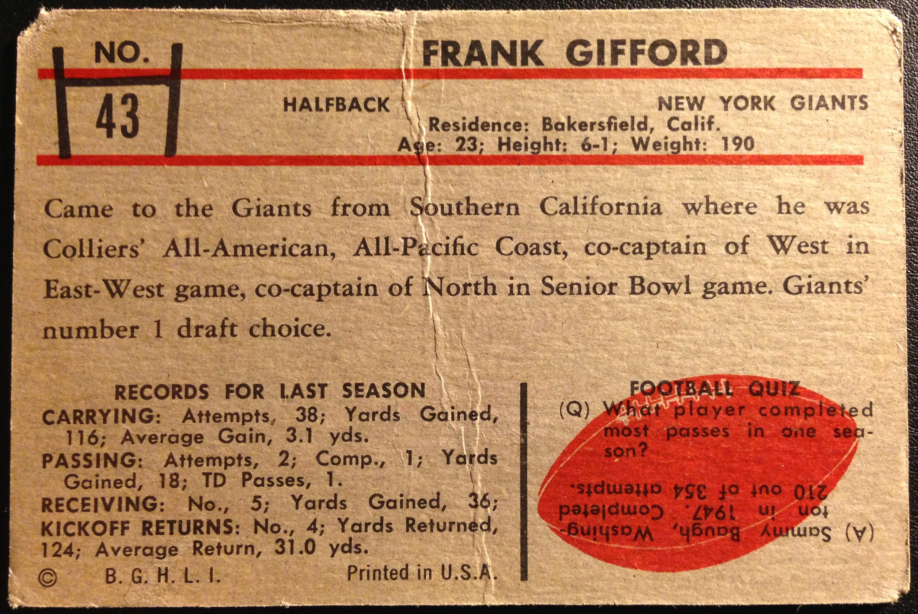 1953 Bowman #43 Frank Gifford SP back image