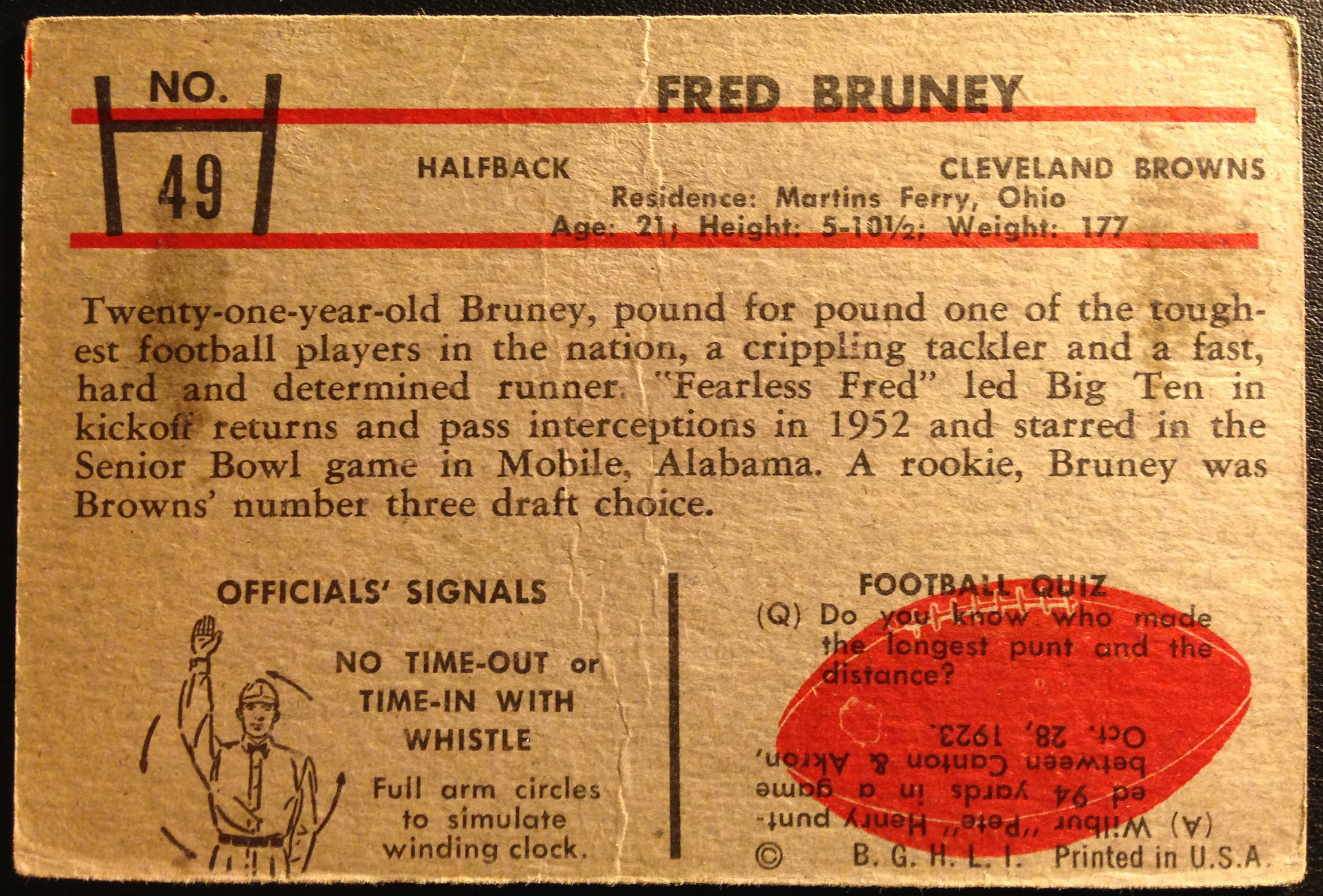 1953 Bowman #49 Fred Bruney SP RC back image