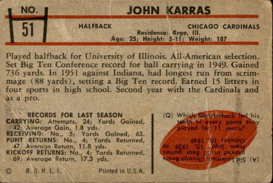 1953 Bowman #51 John Karras back image