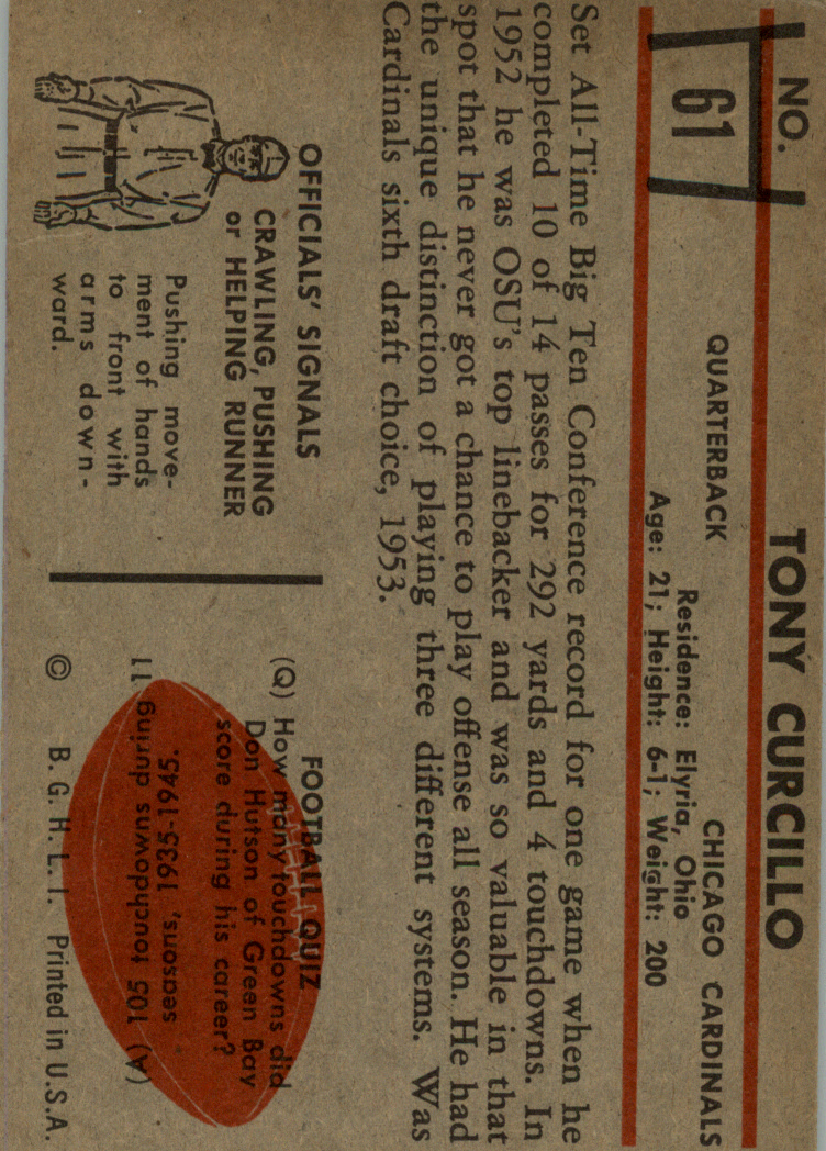 1953 Bowman #61 Tony Curcillo RC back image