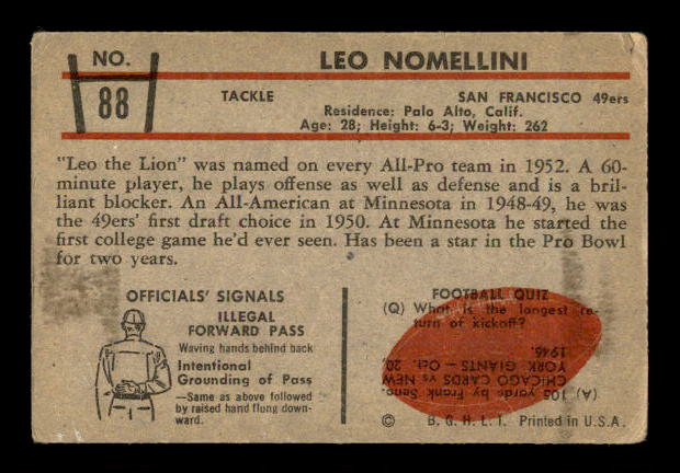 1953 Bowman #88 Leo Nomellini back image