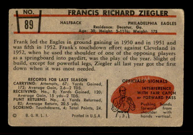 1953 Bowman #89 Frank Ziegler back image