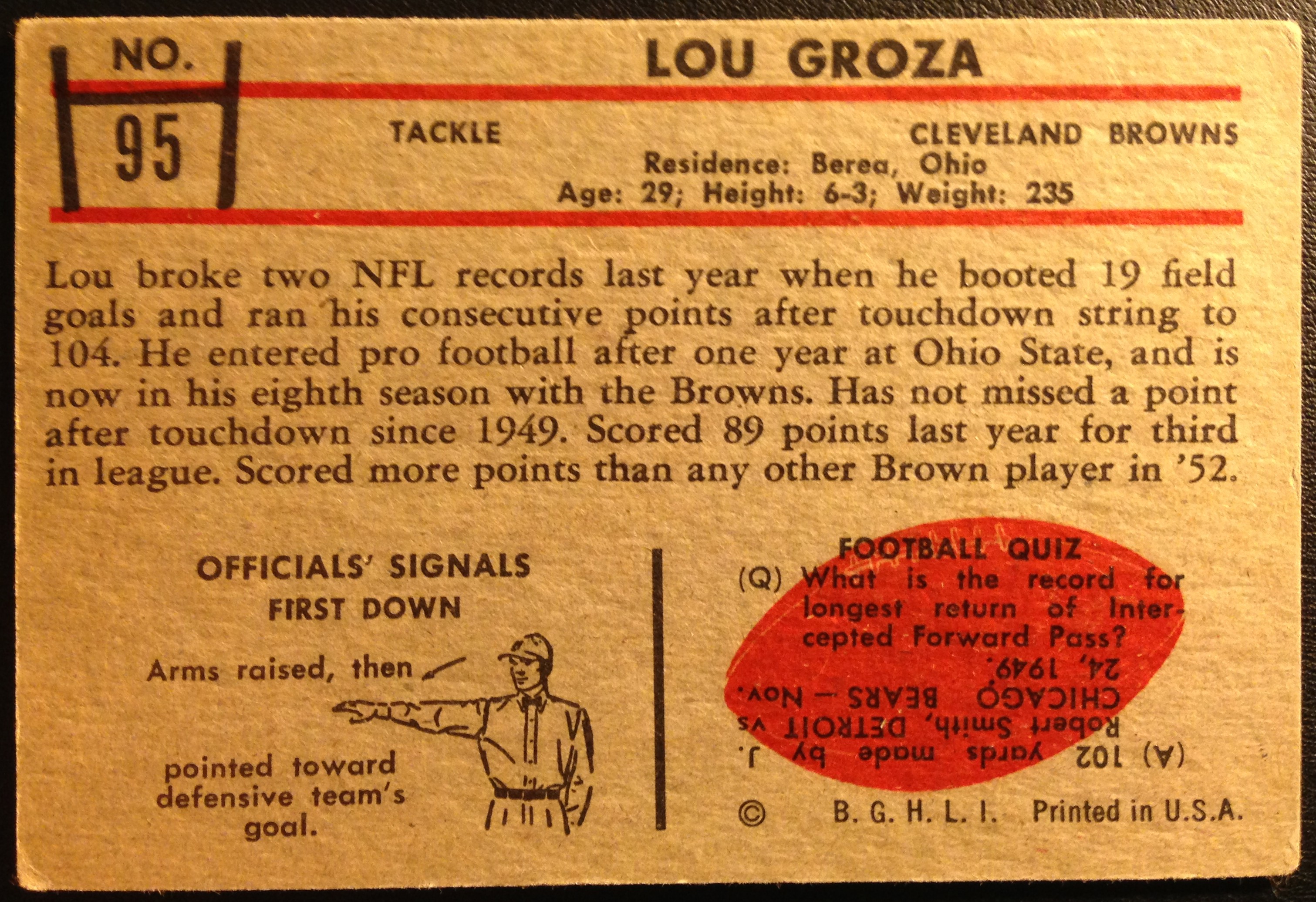 1953 Bowman #95 Lou Groza SP back image
