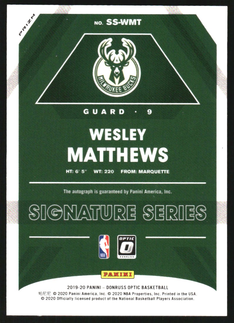 2019-20 Donruss Optic Signature Series Green #15 Wesley Matthews back image