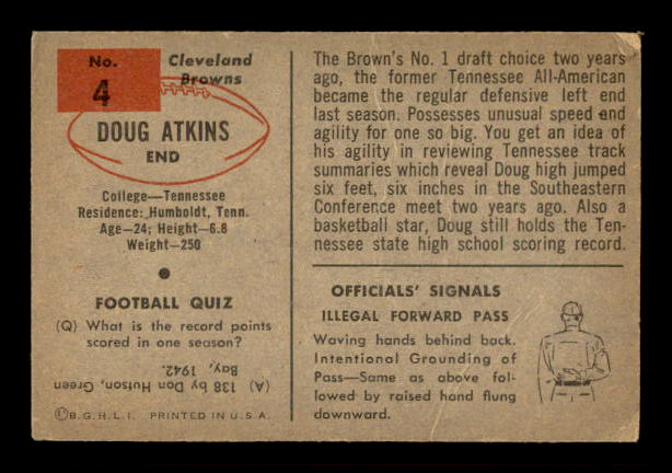 1954 Bowman #4 Doug Atkins RC back image