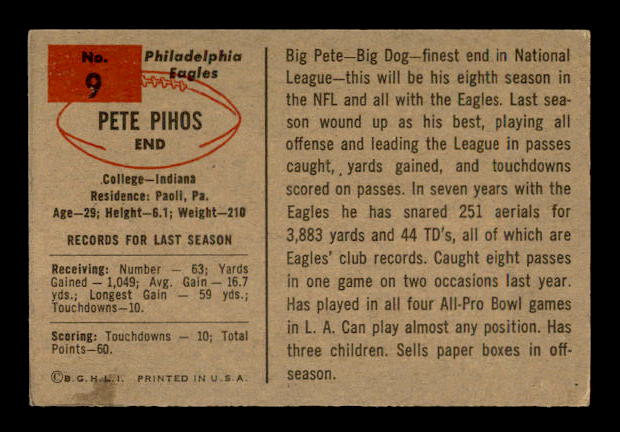 1954 Bowman #9 Pete Pihos back image